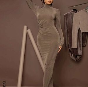 High Neck Solid Bodycon Dress - Mocha Brown